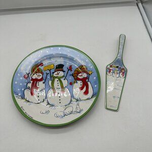 EUC The Stone Bunny Pie Cake Plate with Server 3 Snowmen Telle M Stein 2007